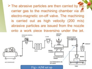  The abrasive particles are then carried by the
carrier gas to the machining chamber via an
electro-magnetic on-off valve. The machining
is carried out as high velocity (200 m/s)
abrasive particles are issued from the nozzle
onto a work piece traversing under the jet.
Fig:- AJM set up
 