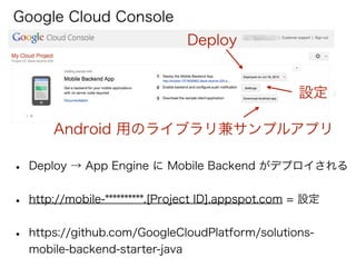 • Deploy → App Engine に Mobile Backend がデプロイされる
• http://mobile-**********.[Project ID].appspot.com = 設定
• https://github.com/GoogleCloudPlatform/solutions-
mobile-backend-starter-java
Google Cloud Console
Deploy
設定
Android 用のライブラリ兼サンプルアプリ
 