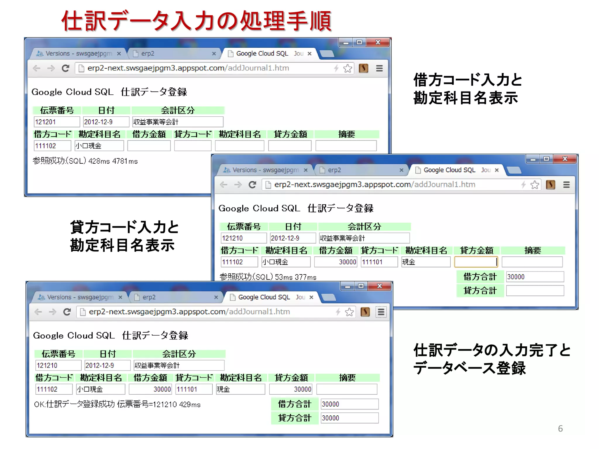 仕訳データ入力の処理手順

               借方コード入力と
               勘定科目名表示




貸方コード入力と
勘定科目名表示




               仕訳データの入力完了と
               データベース登録


                          6
 