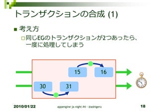トランザクションの合成 (1)
  考え方
     同じEGのトランザクションが2つあったら、
     一度に処理してしまう



                              15                  16

             30         31


2010/01/22        appengine ja night #4 - @ashigeru    18
 