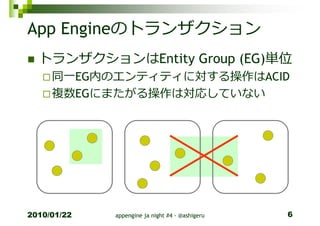 App Engineのトランザクション
  トランザクションはEntity Group (EG)単位
     同一EG内のエンティティに対する操作はACID
     複数EGにまたがる操作は対応していない




2010/01/22   appengine ja night #4 - @ashigeru   6
 