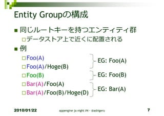 Entity Groupの構成
  同じルートキーを持つエンティティ群
     データストア上で近くに配置される
  例
     Foo(A)                                EG: Foo(A)
     Foo(A)/Hoge(B)
     Foo(B)                                EG: Foo(B)
     Bar(A)/Foo(A)
                                           EG: Bar(A)
     Bar(A)/Foo(B)/Hoge(D)

2010/01/22      appengine ja night #4 - @ashigeru       7
 