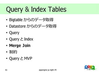 Query & Index Tables
●
     Bigtable からのデータ取得
●
     Datastore からのデータ取得
●
     Query
●
     Query と Index
●
     Merge Join
●
     制約
●
     Query と MVP

61                   appengine ja night #9
 