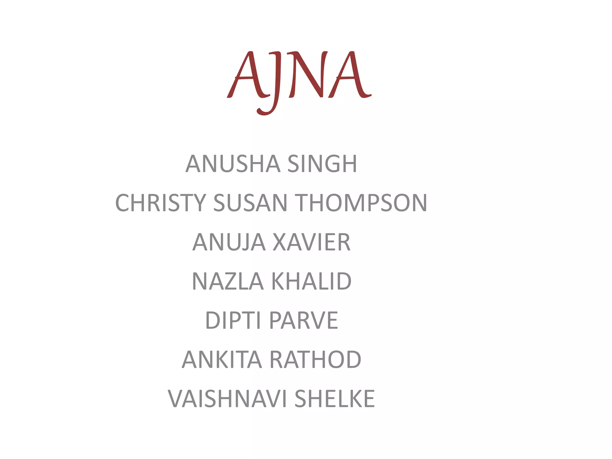 ANUSHA SINGH
CHRISTY SUSAN THOMPSON
ANUJA XAVIER
NAZLA KHALID
DIPTI PARVE
ANKITA RATHOD
VAISHNAVI SHELKE
AJNA
 