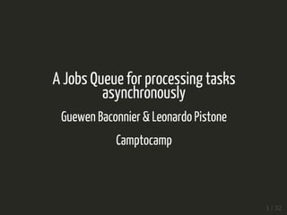 A Jobs Queue for processing tasks
asynchronously
Guewen Baconnier & Leonardo Pistone
Camptocamp
1 / 32
 