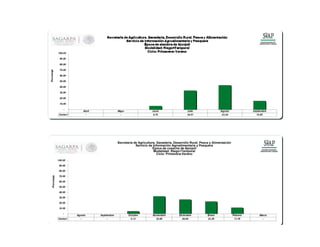 Abril Mayo Junio Julio Agosto Septiembre
Series1 - - 6.70 34.01 43.44 15.85
-
10.00
20.00
30.00
40.00
50.00
60.00
70.00
80.00
90.00
100.00
Porcentaje
Agosto Septiembre Octubre Noviembre Diciembre Enero Febrero Marzo
Series1 - - 5.13 32.86 26.94 23.29 11.78 -
-
10.00
20.00
30.00
40.00
50.00
60.00
70.00
80.00
90.00
100.00
Porcentaje
Secretaría de Agricultura, Ganadería, Desarrollo Rural, Pesca y Alimentación
Servicio de Información Agroalimentaria y Pesquera
Época de cosecha de Ajonjolí
Modalidad: Riego+Temporal
Ciclo: Primavera-Verano
 