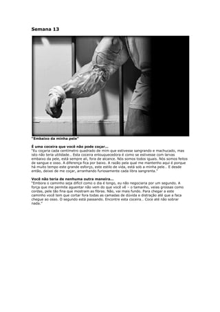 Semana 13
“Embaixo da minha pele”
É uma coceira que você não pode coçar…
“Eu coçaria cada centímetro quadrado de mim que estivesse sangrando e machucado, mas
isto não teria utilidade… Esta coceira enlouquecedora é como se estivesse com larvas
embaixo da pele, está sempre ali, fora de alcance. Nós somos todos iguais. Nós somos feitos
de sangue e osso. A diferença fica por baixo. A razão pela qual me mantenho aqui é porque
há muito tempo este grande esforço, este estilo de vida, está sob a minha pele… E desde
então, deixei de me coçar, arranhando furiosamente cada libra sangrenta.”
Você não teria de nenhuma outra maneira…
“Embora o caminho seja difícil como o dia é longo, eu não negociaria por um segundo. A
força que me permite aguentar não vem do que você vê – o tamanho, veias grossas como
cordas, pele tão fina que mostram as fibras. Não, vai mais fundo. Para chegar a este
caminho você tem que cortar fora todas as camadas de dúvida e distração até que a faca
chegue ao osso. O segundo está passando. Encontre esta coceira… Coce até não sobrar
nada.”
 