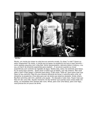 “Atrito.”
Merda, um monte de coisas na vida leva ao caminho errado. Eu disse “a vida”? Quem eu
estou enganando? Às vezes, a merda que se passa na academia nos leva a esse caminho –
como aqueles assuntos com o Big Red. Atrito desnecessário. Adicione dieta à mistura, e eu
sou um barril de dinamite esperando para explodir… E vai piorar quando eu iniciar
experiências com controle da ingestão de água. Nestes dias, estou me sentindo para baixo.
Eu só quero ficar sozinho… Quero dizer a todos que se fodam, que vão embora. Mas você
sabe o quê? É fácil pegar o caminho para baixo. É fácil dizer “foda-se” para quem quer que
fique no seu caminho. Mas há uma maneira diferente de tomar o caminho para cima, ter
disciplina na academia e fora dela para sair da bosta que estamos atolados. Ainda ontem,
Big Red caminhou até mim, pedindo uma ajuda – foi educado e tudo mais. Fiquei mais que
feliz em dar uma mão. Aquele momento me fez lembrar que quando duas coisas estão em
atrito, os resultados nem sempre são ruins. Afinal, para criar uma faísca, para criar fogo,
você precisa de um pouco de atrito.
 