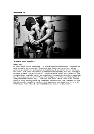 Semana 18
“O que se passa ao redor...”
Isso é para...
Os provocadores que me perseguiam ... só reforçaram minha determinação. Os inimigos que
disseram que eu não ia consegui... Ainda estou aqui. Aqueles que caíram sobre a terra
pensando que eles eram a única estrela acima da terra... O céu está em chamas com luzes.
Meu velho ... Sim, isso é um guerreiro, que não só me deu seu nome, mas força para seguir
sempre e atropelar todas as dificuldades ... Eu senti sua mão no meu ombro a cada dia e ele
me guiou. Isto é para todos aqueles que acreditaram. Por dezoito semanas, tenho trabalhado
fora da sociedade, em um caminho fixo e solitário. Agora, eu tenho um círculo completo, de
volta para onde eu comecei. Aqui ... Este lugar. Sim, a vida é assim. Como eu me sento na
borda, no limiar, o que aprendi é que esta viagem não é uma linha reta. E os pesos em cada
lado de mim, elas me apóiam. Prendem-me no lugar, como suportes de livros em torno da
história que é minha vida ... E o próximo capítulo está prestes a se desenrolar ...
 