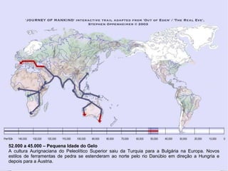 52.000 a 45.000 – Pequena Idade do Gelo A cultura Aurignaciana do Peleolítico Superior saiu da Turquia para a Bulgária na Europa. Novos estilos de ferramentas de pedra se estenderam ao norte pelo rio Danúbio em direção a Hungria e depois para a Áustria. 