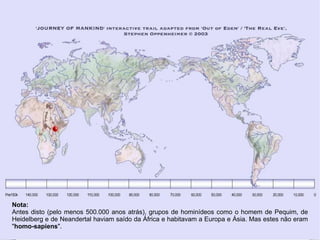 Nota: Antes disto (pelo menos 500.000 anos atrás), grupos de hominídeos como o homem de Pequim, de Heidelberg e de Neandertal haviam saído da África e habitavam a Europa e Ásia. Mas estes não eram " homo-sapiens ". 