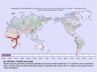 De 160.000 a 135.000 anos atrás Quatro grupos portando a primeira geração de genoma mitocondrial tipo "L1" viajaram como caçadores para o sul ao Cabo da Boa Esperança, para o sudoeste até a bacia do rio Congo e para oeste rumo à Costa do Marfim. 