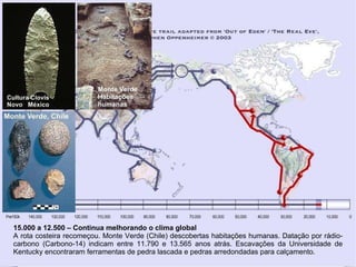 l  15.000 a 12.500 – Continua melhorando o clima global A rota costeira recomeçou. Monte Verde (Chile) descobertas habitações humanas. Datação por rádio-carbono (Carbono-14) indicam entre 11.790 e 13.565 anos atrás. Escavações da Universidade de Kentucky encontraram ferramentas de pedra lascada e pedras arredondadas para calçamento. 