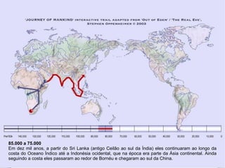 85.000 a 75.000 Em dez mil anos, a partir do Sri Lanka (antigo Ceilão ao sul da Índia) eles continuaram ao longo da costa do Oceano Índico até a Indonésia ocidental, que na época era parte da Ásia continental. Ainda seguindo a costa eles passaram ao redor de Bornéu e chegaram ao sul da China. 