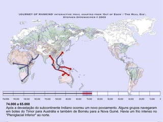 74.000 a 65.000
Após a devastação do subcontinente Indiano ocorreu um novo povoamento. Alguns grupos navegaram
em botes do Timor para Austrália e também de Bornéu para a Nova Guiné. Havia um frio intenso no
"Pleniglacial Inferior" ao norte.
 