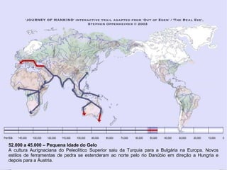 52.000 a 45.000 – Pequena Idade do Gelo
A cultura Aurignaciana do Peleolítico Superior saiu da Turquia para a Bulgária na Europa. Novos
estilos de ferramentas de pedra se estenderam ao norte pelo rio Danúbio em direção a Hungria e
depois para a Áustria.
 