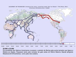 25.000 a 22.000
Os ancestrais dos Nativos Americanos cruzaram o estreito de Bering pela ponte terrestre que ligava a
Sibéria ao Alaska. Passaram tanto pelo corredor de gelo antes do Último Máximo Glacial atingindo
Meadowcroft (Pensilvânia) como pela rota costeira.
 