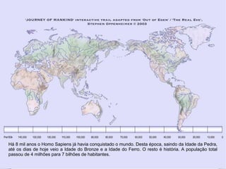 Há 8 mil anos o Homo Sapiens já havia conquistado o mundo. Desta época, saindo da Idade da Pedra,
até os dias de hoje veio a Idade do Bronze e a Idade do Ferro. O resto é história. A população total
passou de 4 milhões para 7 bilhões de habitantes.
 