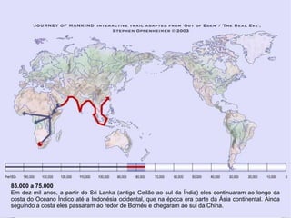 85.000 a 75.000
Em dez mil anos, a partir do Sri Lanka (antigo Ceilão ao sul da Índia) eles continuaram ao longo da
costa do Oceano Índico até a Indonésia ocidental, que na época era parte da Ásia continental. Ainda
seguindo a costa eles passaram ao redor de Bornéu e chegaram ao sul da China.
 
