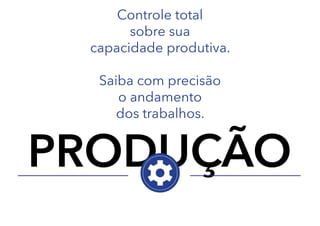 Controle total
sobre sua
capacidade produtiva.
Saiba com precisão
o andamento
dos trabalhos.

PRODUÇÃO

 