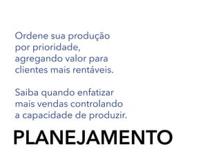 Ordene sua produção
por prioridade,
agregando valor para
clientes mais rentáveis.
Saiba quando enfatizar
mais vendas controlando
a capacidade de produzir.

PLANEJAMENTO

 