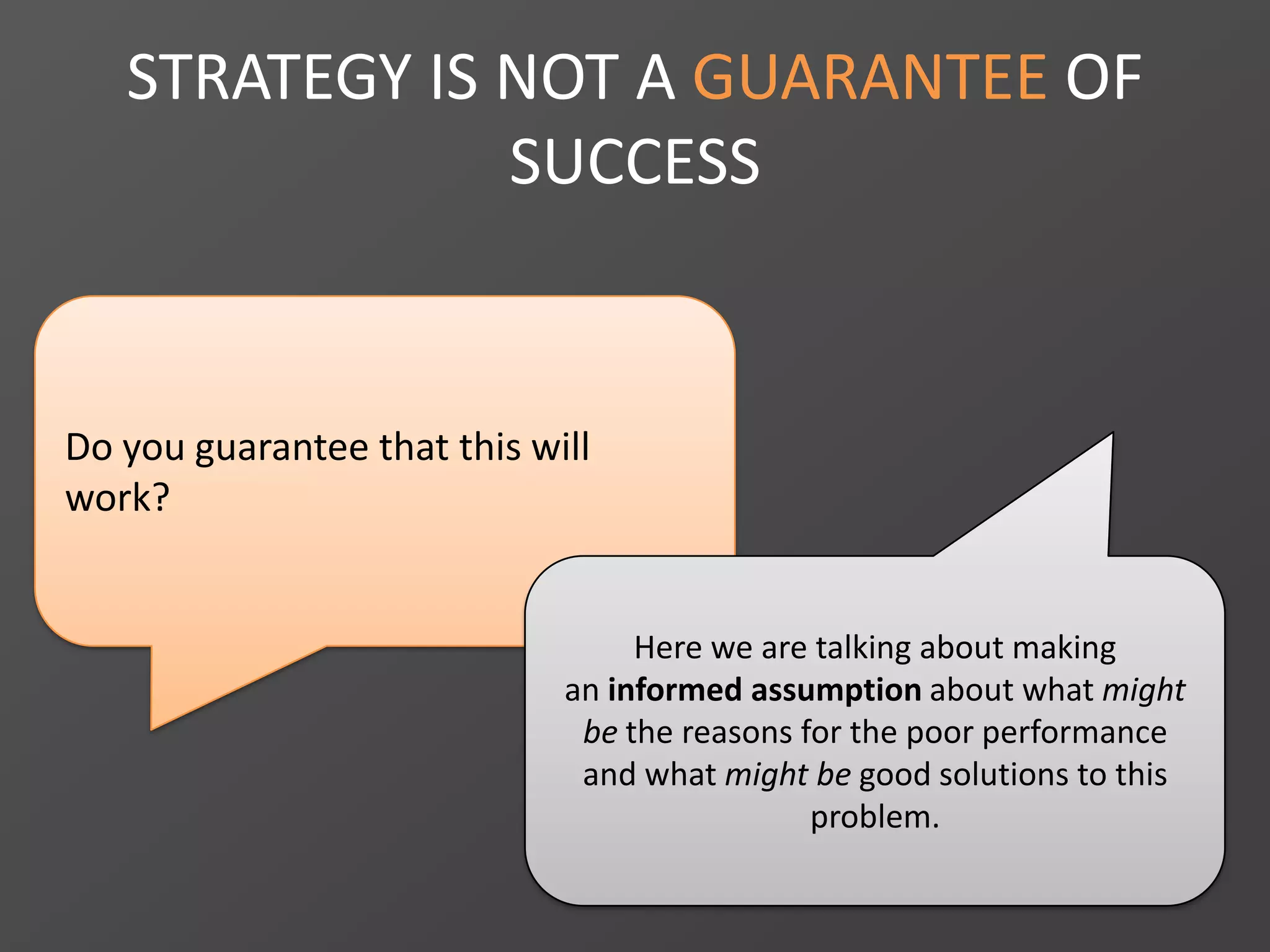 STRATEGY IS NOT A GUARANTEE OF
SUCCESS
Do you guarantee that this will
work?
Here we are talking about making
an informed assumption about what might
be the reasons for the poor performance
and what might be good solutions to this
problem.
 