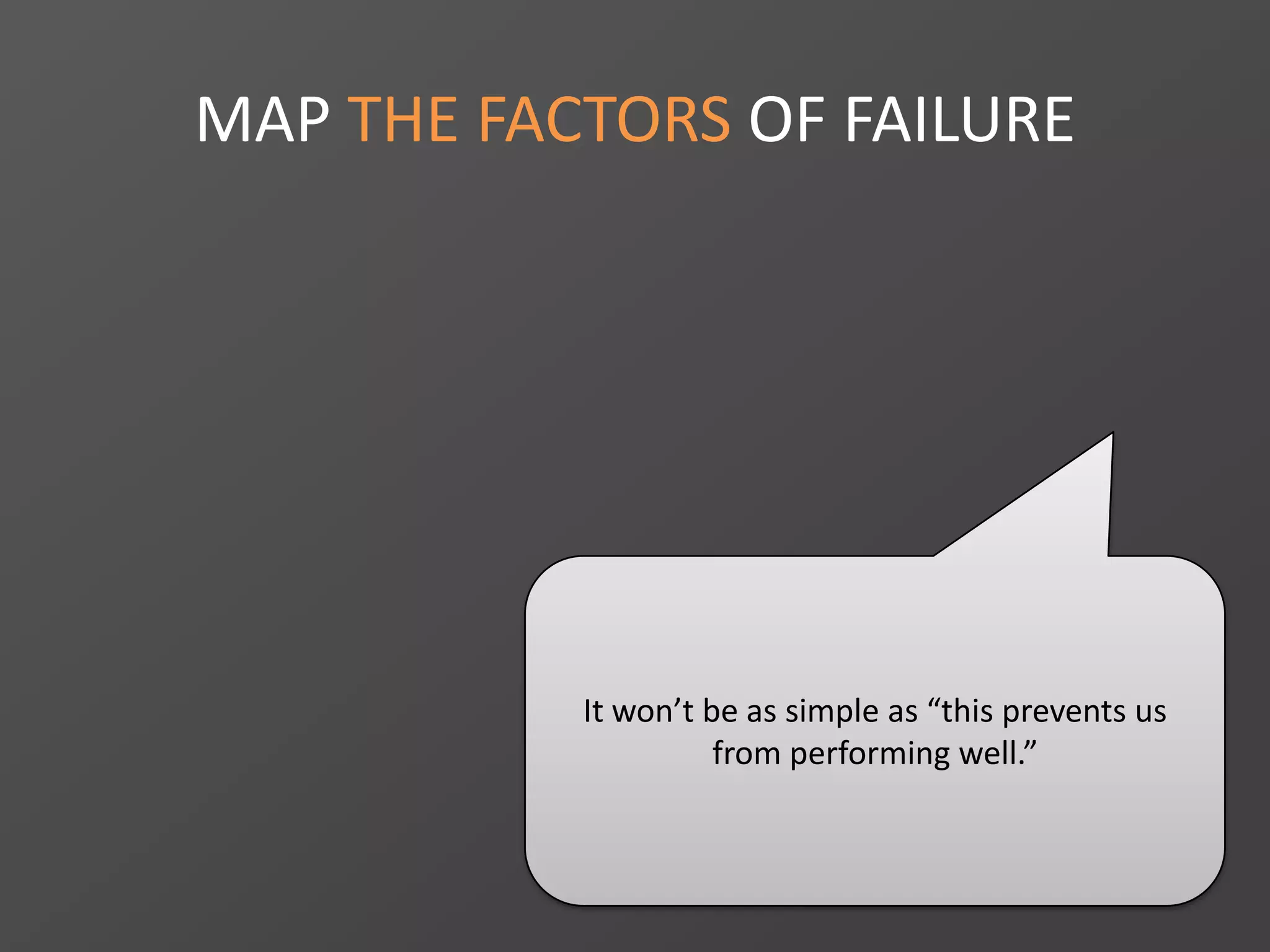 MAP THE FACTORS OF FAILURE
It won’t be as simple as “this prevents us
from performing well.”
 