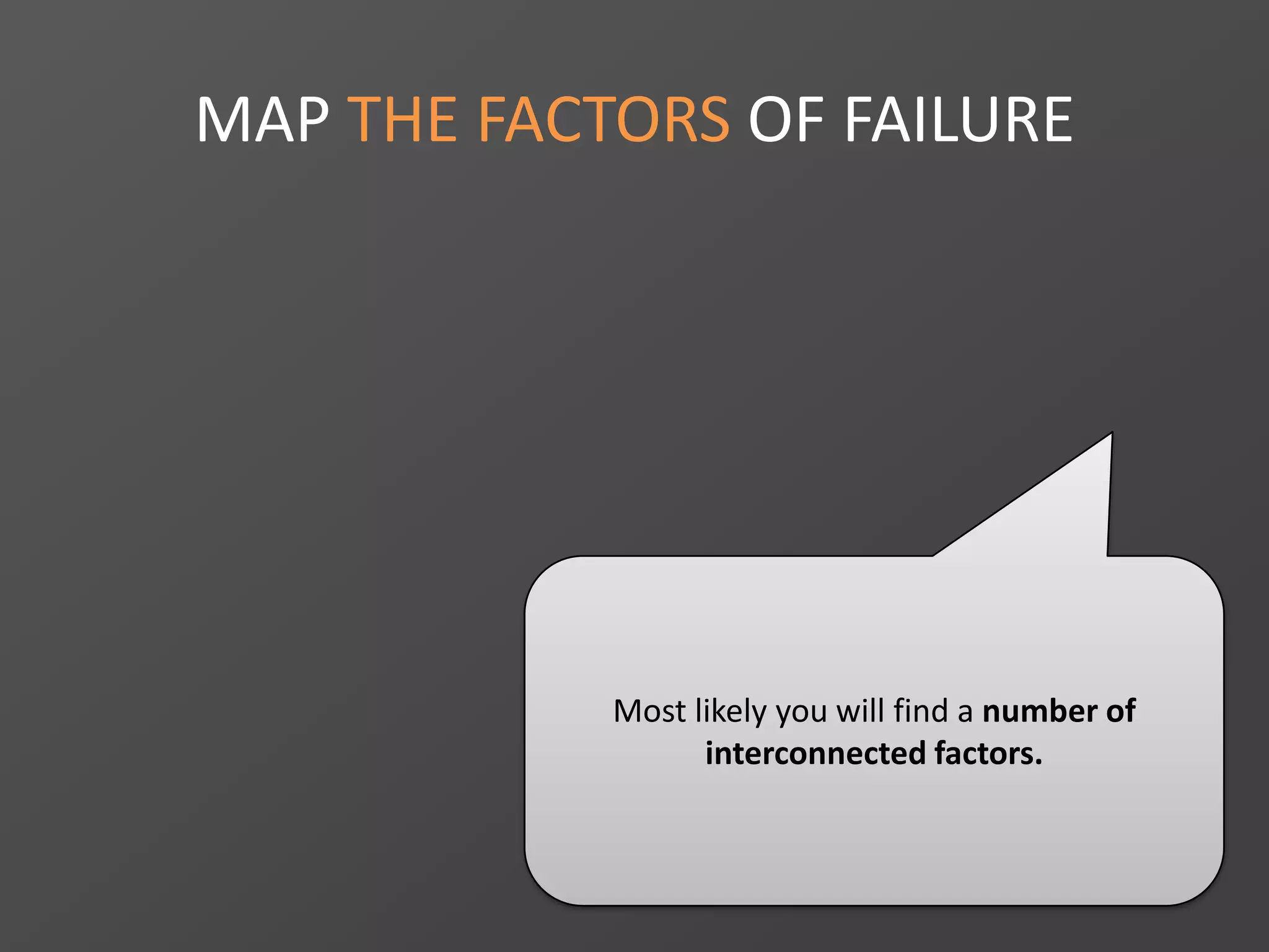 MAP THE FACTORS OF FAILURE
Most likely you will find a number of
interconnected factors.
 