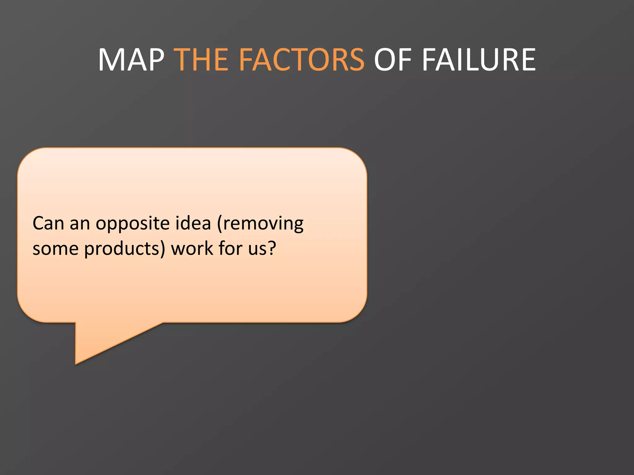MAP THE FACTORS OF FAILURE
Can an opposite idea (removing
some products) work for us?
 