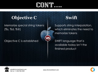 Objective C Swift
Memorize special string tokens
(%s, %d, %@)
Objective C is established
Supports string interpolation,
which eliminates the need to
memorize tokens
SWIFT language that is
available today isn’t the
finished product
CONT….
 
