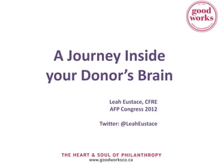 A Journey Inside
your Donor’s Brain
          Leah Eustace, CFRE
          AFP Congress 2012

       Twitter: @LeahEustace
 