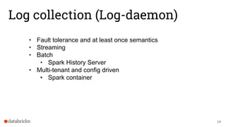Log collection (Log-daemon)
• Fault tolerance and at least once semantics
• Streaming
• Batch
• Spark History Server
• Multi-tenant and config driven
• Spark container
14
 