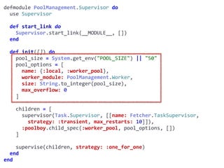 supervisor.exdefmodule	PoolManagement.Supervisor	do	
		use	Supervisor	
		def	start_link	do	
				Supervisor.start_link(__MODULE__,	[])	
		end	
		def	init([])	do	
				pool_size	=	System.get_env("POOL_SIZE")	||	"50"	
				pool_options	=	[	
						name:	{:local,	:worker_pool},	
						worker_module:	PoolManagement.Worker,	
						size:	String.to_integer(pool_size),	
						max_overflow:	0	
				]	
				children	=	[	
						supervisor(Task.Supervisor,	[[name:	Fetcher.TaskSupervisor,							
								strategy:	:transient,	max_restarts:	10]]),	
						:poolboy.child_spec(:worker_pool,	pool_options,	[])	
				]	
				supervise(children,	strategy:	:one_for_one)	
		end	
end
Worker
 