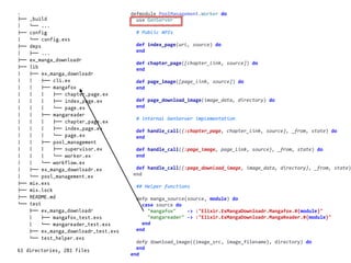 worker.exdefmodule	PoolManagement.Worker	do	
		use	GenServer	
		#	Public	APIs	
		def	index_page(url,	source)	do	
		end	
		def	chapter_page([chapter_link,	source])	do	
		end	
		def	page_image([page_link,	source])	do	
		end	
		def	page_download_image(image_data,	directory)	do	
		end	
		#	internal	GenServer	implementation	
		def	handle_call({:chapter_page,	chapter_link,	source},	_from,	state)	do	
		end	
		def	handle_call({:page_image,	page_link,	source},	_from,	state)	do	
		end	
		def	handle_call({:page_download_image,	image_data,	directory},	_from,	state)
	end	
		##	Helper	functions	
		defp	manga_source(source,	module)	do	
				case	source	do	
						"mangafox"				->	:"Elixir.ExMangaDownloadr.Mangafox.#{module}"	
						"mangareader"	->	:"Elixir.ExMangaDownloadr.MangaReader.#{module}"	
				end	
		end	
		defp	download_image({image_src,	image_filename},	directory)	do	
		end	
end
.
!"" _build
# $"" ...
!"" config
# $"" config.exs
!"" deps
# !"" ...
!"" ex_manga_downloadr
!"" lib
# !"" ex_manga_downloadr
# # !"" cli.ex
# # !"" mangafox
# # # !"" chapter_page.ex
# # # !"" index_page.ex
# # # $"" page.ex
# # !"" mangareader
# # # !"" chapter_page.ex
# # # !"" index_page.ex
# # # $"" page.ex
# # !"" pool_management
# # # !"" supervisor.ex
# # # $"" worker.ex
# # $"" workflow.ex
# !"" ex_manga_downloadr.ex
# $"" pool_management.ex
!"" mix.exs
!"" mix.lock
!"" README.md
$"" test
!"" ex_manga_downloadr
# !"" mangafox_test.exs
# $"" mangareader_test.exs
!"" ex_manga_downloadr_test.exs
$"" test_helper.exs
61 directories, 281 files
 