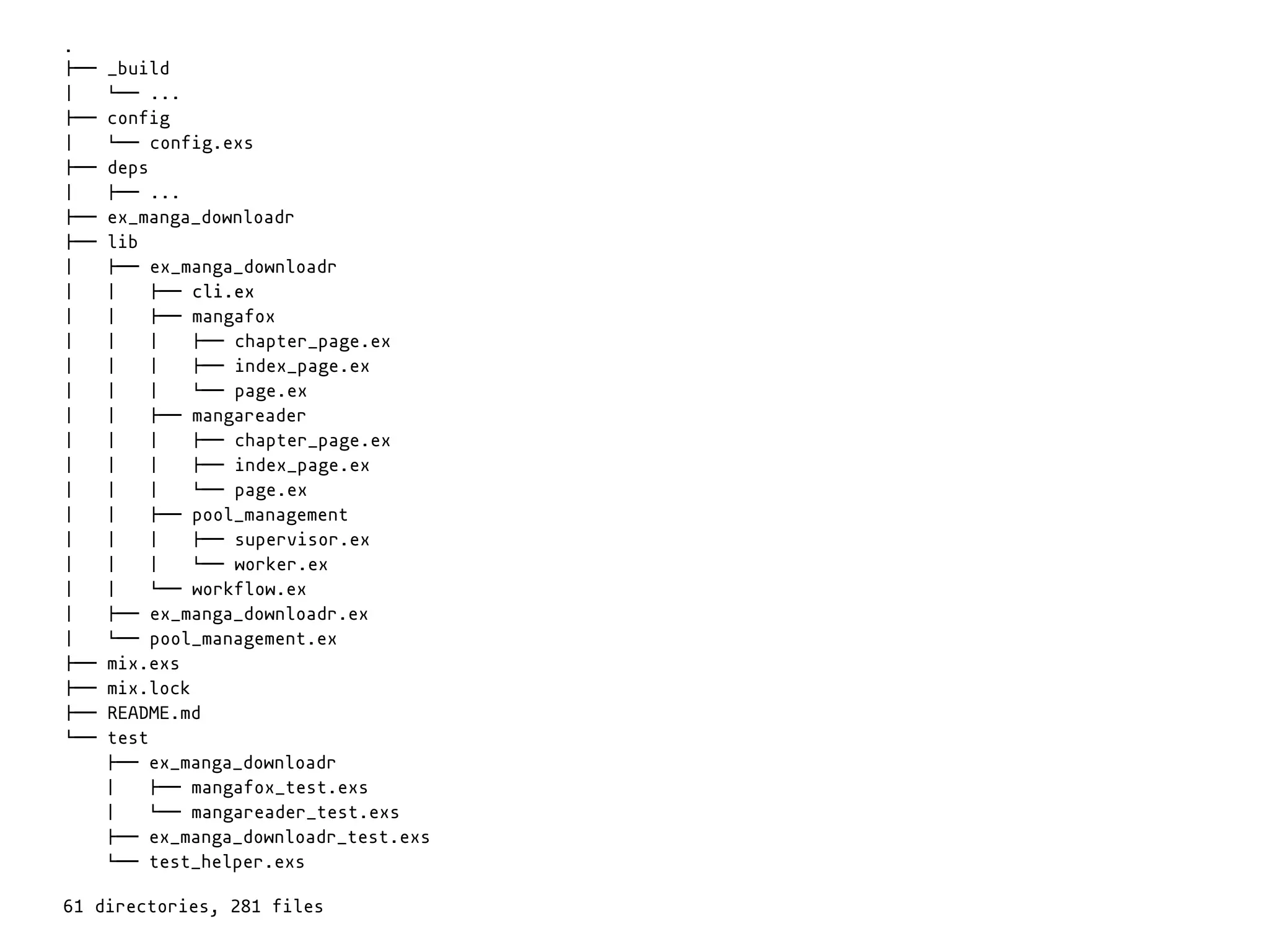 ChapterPage
.
!"" _build
# $"" ...
!"" config
# $"" config.exs
!"" deps
# !"" ...
!"" ex_manga_downloadr
!"" lib
# !"" ex_manga_downloadr
# # !"" cli.ex
# # !"" mangafox
# # # !"" chapter_page.ex
# # # !"" index_page.ex
# # # $"" page.ex
# # !"" mangareader
# # # !"" chapter_page.ex
# # # !"" index_page.ex
# # # $"" page.ex
# # !"" pool_management
# # # !"" supervisor.ex
# # # $"" worker.ex
# # $"" workflow.ex
# !"" ex_manga_downloadr.ex
# $"" pool_management.ex
!"" mix.exs
!"" mix.lock
!"" README.md
$"" test
!"" ex_manga_downloadr
# !"" mangafox_test.exs
# $"" mangareader_test.exs
!"" ex_manga_downloadr_test.exs
$"" test_helper.exs
61 directories, 281 files
cli.ex
 