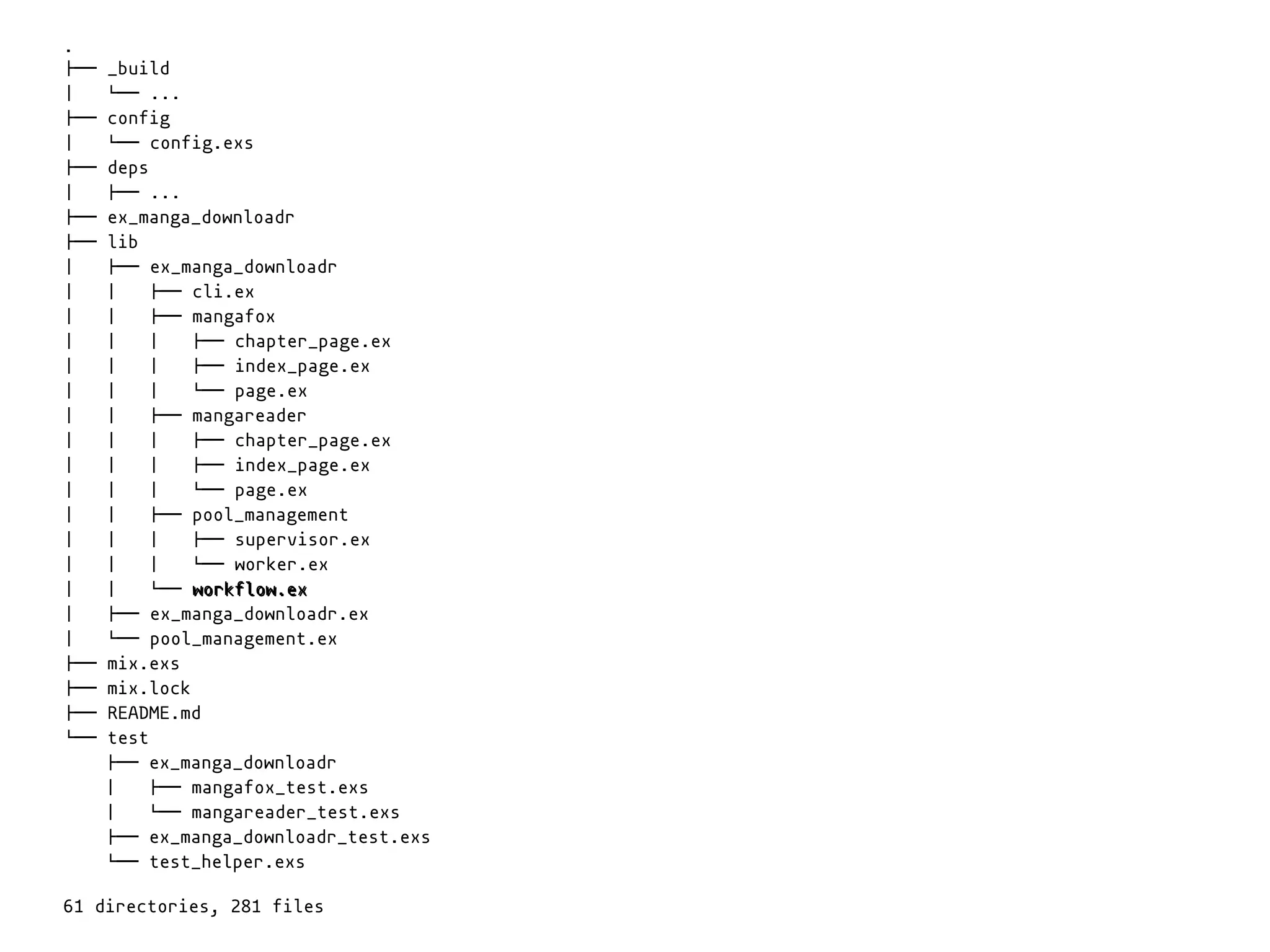 Workflow
.
!"" _build
# $"" ...
!"" config
# $"" config.exs
!"" deps
# !"" ...
!"" ex_manga_downloadr
!"" lib
# !"" ex_manga_downloadr
# # !"" cli.ex
# # !"" mangafox
# # # !"" chapter_page.ex
# # # !"" index_page.ex
# # # $"" page.ex
# # !"" mangareader
# # # !"" chapter_page.ex
# # # !"" index_page.ex
# # # $"" page.ex
# # !"" pool_management
# # # !"" supervisor.ex
# # # $"" worker.ex
# # $"" workflow.ex
# !"" ex_manga_downloadr.ex
# $"" pool_management.ex
!"" mix.exs
!"" mix.lock
!"" README.md
$"" test
!"" ex_manga_downloadr
# !"" mangafox_test.exs
# $"" mangareader_test.exs
!"" ex_manga_downloadr_test.exs
$"" test_helper.exs
61 directories, 281 files
workflow.ex
 