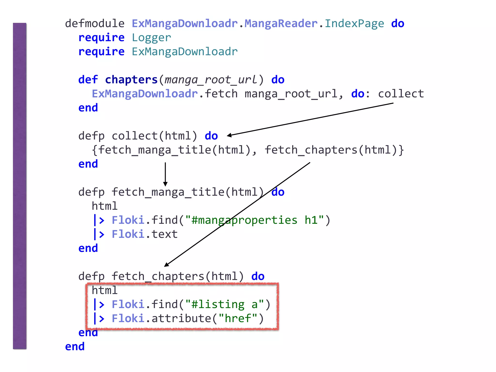 defmodule	ExMangaDownloadr.MangaReader.IndexPage	do	
		require	Logger	
		require	ExMangaDownloadr	
		def	chapters(manga_root_url)	do	
				ExMangaDownloadr.fetch	manga_root_url,	do:	collect	
		end	
		defp	collect(html)	do	
				{fetch_manga_title(html),	fetch_chapters(html)}	
		end	
		defp	fetch_manga_title(html)	do	
				html	
				|>	Floki.find("#mangaproperties	h1")	
				|>	Floki.text	
		end	
		defp	fetch_chapters(html)	do	
				html	
				|>	Floki.find("#listing	a")	
				|>	Floki.attribute("href")	
		end	
end
 