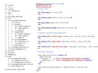 worker.exdefmodule	PoolManagement.Worker	do	
		use	GenServer	
		#	Public	APIs	
		def	index_page(url,	source)	do	
		end	
		def	chapter_page([chapter_link,	source])	do	
		end	
		def	page_image([page_link,	source])	do	
		end	
		def	page_download_image(image_data,	directory)	do	
		end	
		#	internal	GenServer	implementation	
		def	handle_call({:chapter_page,	chapter_link,	source},	_from,	state)	do	
		end	
		def	handle_call({:page_image,	page_link,	source},	_from,	state)	do	
		end	
		def	handle_call({:page_download_image,	image_data,	directory},	_from,	state)
	end	
		##	Helper	functions	
		defp	manga_source(source,	module)	do	
				case	source	do	
						"mangafox"				->	:"Elixir.ExMangaDownloadr.Mangafox.#{module}"	
						"mangareader"	->	:"Elixir.ExMangaDownloadr.MangaReader.#{module}"	
				end	
		end	
		defp	download_image({image_src,	image_filename},	directory)	do	
		end	
end
.
!"" _build
# $"" ...
!"" config
# $"" config.exs
!"" deps
# !"" ...
!"" ex_manga_downloadr
!"" lib
# !"" ex_manga_downloadr
# # !"" cli.ex
# # !"" mangafox
# # # !"" chapter_page.ex
# # # !"" index_page.ex
# # # $"" page.ex
# # !"" mangareader
# # # !"" chapter_page.ex
# # # !"" index_page.ex
# # # $"" page.ex
# # !"" pool_management
# # # !"" supervisor.ex
# # # $"" worker.ex
# # $"" workflow.ex
# !"" ex_manga_downloadr.ex
# $"" pool_management.ex
!"" mix.exs
!"" mix.lock
!"" README.md
$"" test
!"" ex_manga_downloadr
# !"" mangafox_test.exs
# $"" mangareader_test.exs
!"" ex_manga_downloadr_test.exs
$"" test_helper.exs
61 directories, 281 files
 