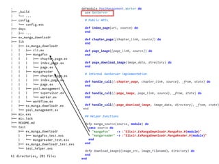 worker.exdefmodule	PoolManagement.Worker	do	
		use	GenServer	
		#	Public	APIs	
		def	index_page(url,	source)	do	
		end	
		def	chapter_page([chapter_link,	source])	do	
		end	
		def	page_image([page_link,	source])	do	
		end	
		def	page_download_image(image_data,	directory)	do	
		end	
		#	internal	GenServer	implementation	
		def	handle_call({:chapter_page,	chapter_link,	source},	_from,	state)	do	
		end	
		def	handle_call({:page_image,	page_link,	source},	_from,	state)	do	
		end	
		def	handle_call({:page_download_image,	image_data,	directory},	_from,	state)
	end	
		##	Helper	functions	
		defp	manga_source(source,	module)	do	
				case	source	do	
						"mangafox"				->	:"Elixir.ExMangaDownloadr.Mangafox.#{module}"	
						"mangareader"	->	:"Elixir.ExMangaDownloadr.MangaReader.#{module}"	
				end	
		end	
		defp	download_image({image_src,	image_filename},	directory)	do	
		end	
end
.
!"" _build
# $"" ...
!"" config
# $"" config.exs
!"" deps
# !"" ...
!"" ex_manga_downloadr
!"" lib
# !"" ex_manga_downloadr
# # !"" cli.ex
# # !"" mangafox
# # # !"" chapter_page.ex
# # # !"" index_page.ex
# # # $"" page.ex
# # !"" mangareader
# # # !"" chapter_page.ex
# # # !"" index_page.ex
# # # $"" page.ex
# # !"" pool_management
# # # !"" supervisor.ex
# # # $"" worker.ex
# # $"" workflow.ex
# !"" ex_manga_downloadr.ex
# $"" pool_management.ex
!"" mix.exs
!"" mix.lock
!"" README.md
$"" test
!"" ex_manga_downloadr
# !"" mangafox_test.exs
# $"" mangareader_test.exs
!"" ex_manga_downloadr_test.exs
$"" test_helper.exs
61 directories, 281 files
 