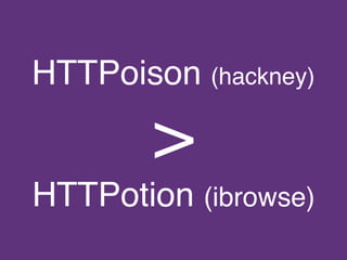 HTTPoison (hackney)
>
HTTPotion (ibrowse)
 