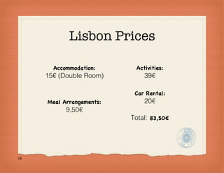 Lisbon Prices

       Accommodation:      Activities:
     15€ (Double Room)        39€

                           Car Rental:
     Meal Arrangements:       20€
           9,50€
                          Total: 83,50€




16
 