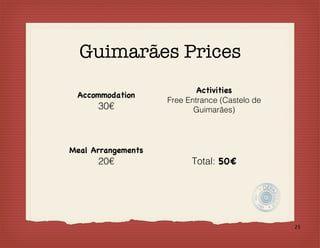 Guimarães Prices
                            Activities
 Accommodation
                    Free Entrance (Castelo de
      30€                  Guimarães)




Meal Arrangements
      20€                 Total: 50€




                                                25
 