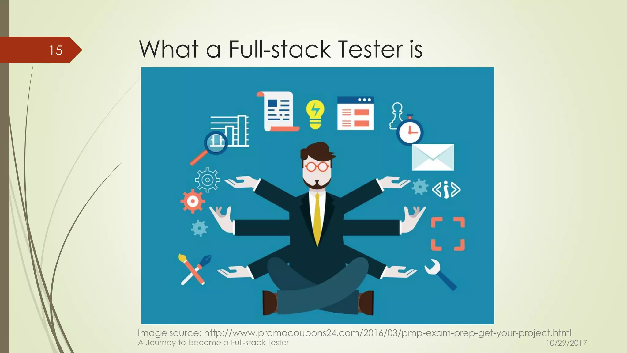 What a Full-stack Tester is
10/29/2017A Journey to become a Full-stack Tester
15
Image source: http://www.promocoupons24.com/2016/03/pmp-exam-prep-get-your-project.html
 
