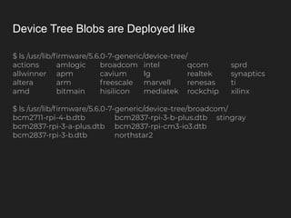 Device Tree Blobs are Deployed like
$ ls /usr/lib/ﬁrmware/5.6.0-7-generic/device-tree/
actions amlogic broadcom intel qcom sprd
allwinner apm cavium lg realtek synaptics
altera arm freescale marvell renesas ti
amd bitmain hisilicon mediatek rockchip xilinx
$ ls /usr/lib/ﬁrmware/5.6.0-7-generic/device-tree/broadcom/
bcm2711-rpi-4-b.dtb bcm2837-rpi-3-b-plus.dtb stingray
bcm2837-rpi-3-a-plus.dtb bcm2837-rpi-cm3-io3.dtb
bcm2837-rpi-3-b.dtb northstar2
 