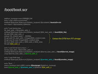 /boot/boot.scr
platform_bootargs=cma=256M@512M
echo "Load u-Boot environment ..."
ext4load ${devtype} ${devnum}:${distro_bootpart} ${scriptaddr} /boot/uEnv.txt
env import -t ${scriptaddr} ${filesize}
echo "Load device tree ..."
fdt_load_addr_r=${ramdisk_addr_r}
ext4load ${devtype} ${devnum}:${distro_bootpart} ${fdt_load_addr_r} /boot/${fdt_file}
fdt addr ${fdt_load_addr_r}
setexpr fdt_notation gsub / _ ${fdtfile}
fdt get addr fdt_start_addr_r /images/${fdt_notation} data
fdt get size fdt_size /images/${fdt_notation} data
fdt move ${fdt_start_addr_r} ${fdt_addr_r} ${fdt_size}
fdt addr ${fdt_addr_r}
echo "Load kernel and unzip it ..."
kernel_load_addr_r=${ramdisk_addr_r}
ext4load ${devtype} ${devnum}:${distro_bootpart} ${kernel_load_addr_r} /boot/${kernel_image}
unzip ${kernel_load_addr_r} ${kernel_addr_r}
echo "Load RAM disk ..."
ext4load ${devtype} ${devnum}:${distro_bootpart} ${ramdisk_addr_r} /boot/${ramdisk_image}
echo "Boot ..."
setenv bootargs root=LABEL=ostree ${bootargs} ${platform_bootargs}
booti ${kernel_addr_r} ${ramdisk_addr_r}:${filesize} ${fdt_addr_r}
Extract the DTB from FIT-uImage
 