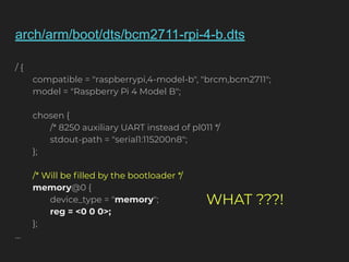 arch/arm/boot/dts/bcm2711-rpi-4-b.dts
/ {
compatible = "raspberrypi,4-model-b", "brcm,bcm2711";
model = "Raspberry Pi 4 Model B";
chosen {
/* 8250 auxiliary UART instead of pl011 */
stdout-path = "serial1:115200n8";
};
/* Will be ﬁlled by the bootloader */
memory@0 {
device_type = "memory";
reg = <0 0 0>;
};
...
WHAT ???!
 