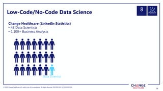 © 2022 Change Healthcare LLC and/or one of its subsidiaries. All Rights Reserved.
© 2022 Change Healthcare LLC and/or one of its subsidiaries. All Rights Reserved. PROPRIETARY & CONFIDENTIAL
25
25
Low-Code/No-Code Data Science
Change Healthcare (LinkedIn Statistics)
• 48 Data Scientists
• 1,100+ Business Analysts
Data Scientist
Platform
8
 