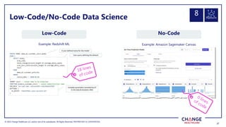 © 2022 Change Healthcare LLC and/or one of its subsidiaries. All Rights Reserved.
© 2022 Change Healthcare LLC and/or one of its subsidiaries. All Rights Reserved. PROPRIETARY & CONFIDENTIAL
27
27
Low-Code/No-Code Data Science
Low-Code No-Code
Example: Redshift ML Example: Amazon Sagemaker Canvas
Platform
8
 