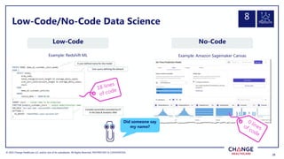 © 2022 Change Healthcare LLC and/or one of its subsidiaries. All Rights Reserved.
© 2022 Change Healthcare LLC and/or one of its subsidiaries. All Rights Reserved. PROPRIETARY & CONFIDENTIAL
28
28
Low-Code/No-Code Data Science
Low-Code No-Code
Did someone say
my name?
Example: Redshift ML Example: Amazon Sagemaker Canvas
Platform
8
 