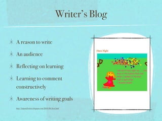 Writer’s Blog

A reason to write

An audience

Reflecting on learning

Learning to comment
constructively

Awareness of writing goals
http://kaipara2writers.blogspot.com/2010/06/frost.html
 